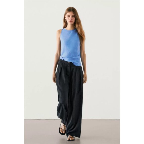 Massimo Dutti Womens Pants EU 34 US 2 Black Wide Leg Linen Trousers 5060/791 NWT - Picture 1 of 9